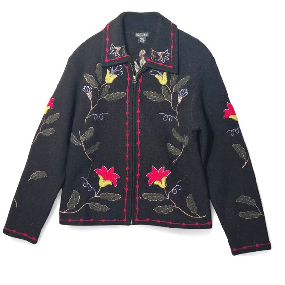 VTG 90s Tally-ho 100% Wool Floral Embroidered Zip Cardigan Jacket S Fall Artsy - Picture 1 of 9